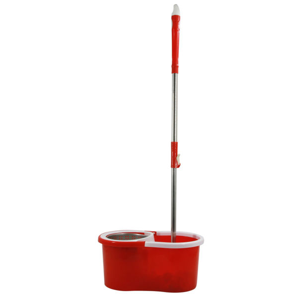 Imagen de Mopa de microfibra mango de acero inoxidable extensible + balde de plástico con centrifugadora de metal varios colores