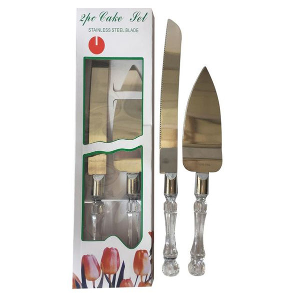 Imagen de Pala y cuchillo para torta de metal con mango de plástico, en caja
