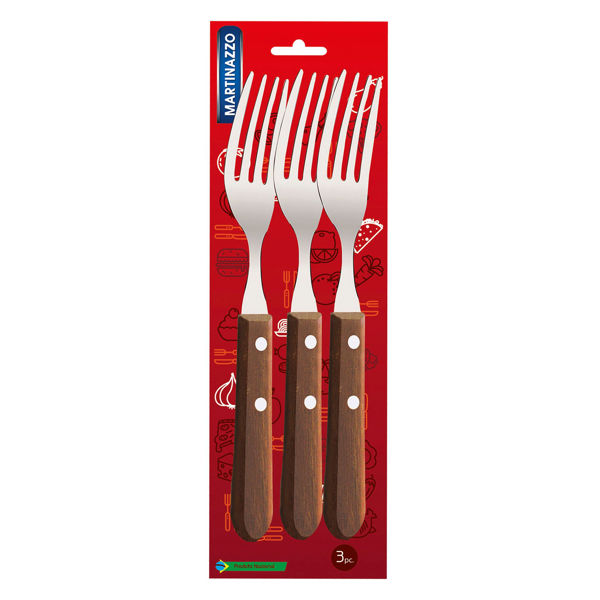 Imagen de Cubiertos tenedor de mesa x3 en blister acero inoxidable mango de madera, UNIVERSAL MARTINAZZO