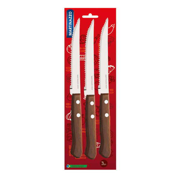 Imagen de Cubiertos cuchillo de mesa x3 en blister acero inoxidable mango de madera, UNIVERSAL MARTINAZZO