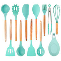 Imagen de Cucharones utensilios de cocina x12 de silicona con mango de madera, en caja