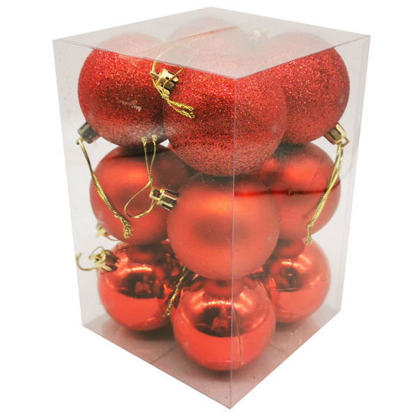Imagen de Bolas navideñas x12 5cm 3 texturas, en caja de mica rojo