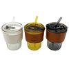 Imagen de Vaso con sorbito, de vidrio 450ml, con tapa banda aislante en caja, varios colores