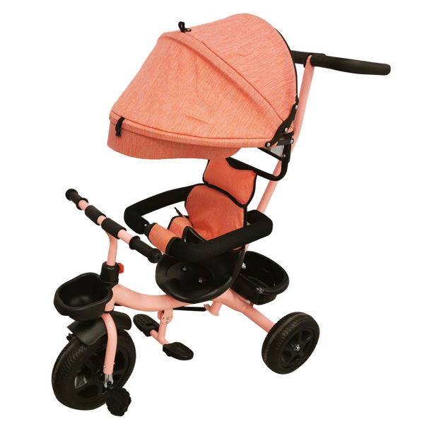 Imagen de Triciclo con capota, barra móvil, barra de seguridad apoya pies retráctil, 2 canastos, ROSADO