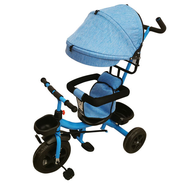 Imagen de Triciclo con capota, barra móvil, barra de seguridad apoya pies retráctil, 2 canastos, AZUL