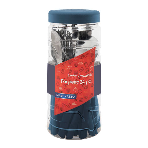 Imagen de Cubiertos juego x24 acero inox en pote plástico AZUL, PIEMONTE MARTINAZZO