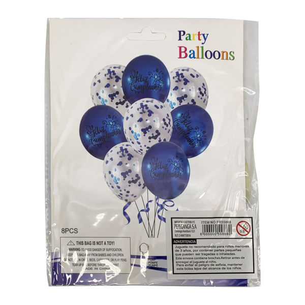 Imagen de Globos surtidos x8 12" feliz cumpleaños y confetti, varios colores
