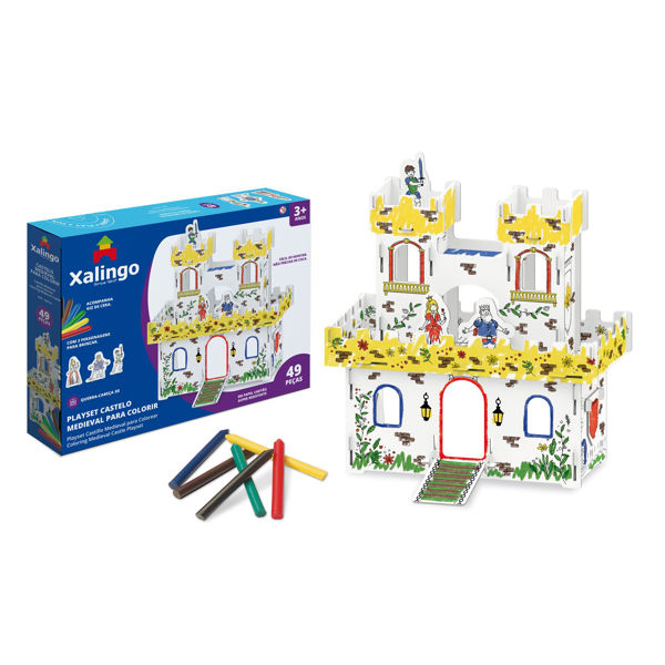 Imagen de Puzzle de cartón, castillo 3D para pintar con crayolas, en caja XALINGO