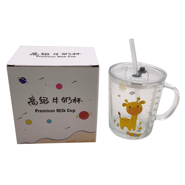Imagen de Taza infantil graduada de vidrio con sorbito 350ml, en caja varios diseños