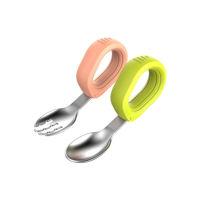 Imagen de Cubiertos infantiles x2 de metal mango anatómico de silicona, en caja plástica