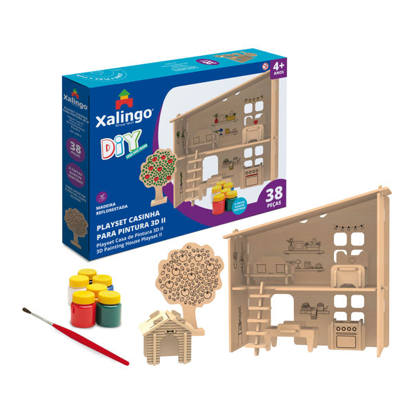 Imagen de Puzzle de madera, 3D casita para pintar con témperas, XALINGO en caja
