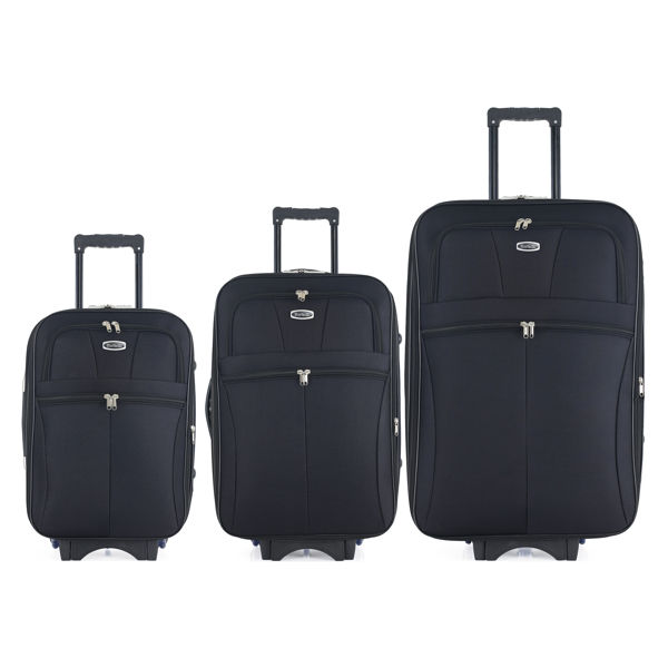 Imagen de Valijas Berlina x3 NEGRO, de arrastre, semi rígidas, ruedas en línea, fuelle 5cm con base extensible, 2 bolsillos exteriores,manija telescópica, tranca numérica, correa para ajustar ropa, bolsillo interior con cierre, color negro