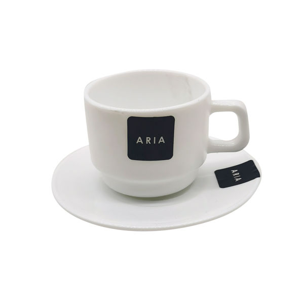 Imagen de Taza de vidrio opal con plato 190ml, línea ARIA, CAJA x36