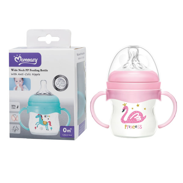 Imagen de Mamadera de plástico 120ml con asas tetina natural, boca ancha en caja, varios colores MOMEASY