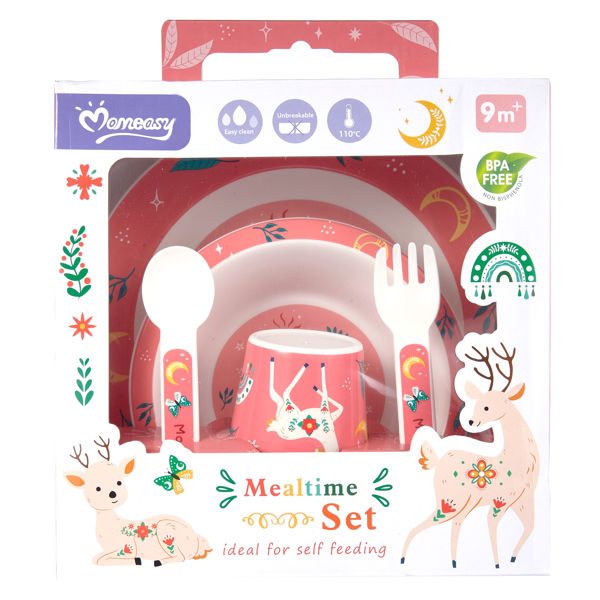 Imagen de Plato bowl vasorbito y cubiertos de melamina, 5 piezas en caja, 2 colores MOMEASY