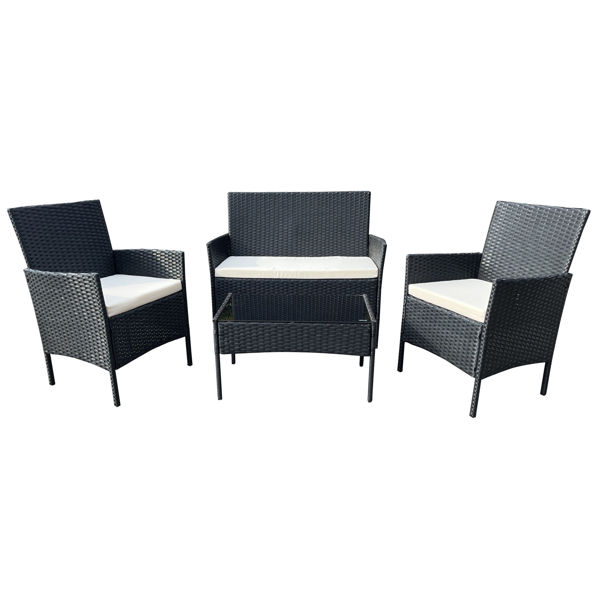 Imagen de Juego de jardín, mesa de vidrio , 1 sofá 2 cuerpos y 2 sofás de 1 cuerpo símil rattan color negro, en caja