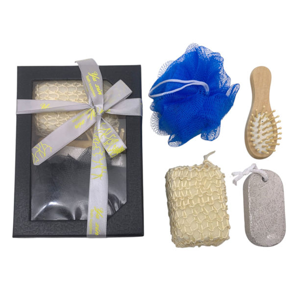 Imagen de Set de 2 esponjas, piedra pomez y cepillo, en caja, varios colores