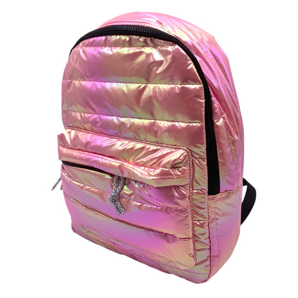 Imagen de Mochila juvenil puffer, tornasolada con bolsillo frontal, varios colores