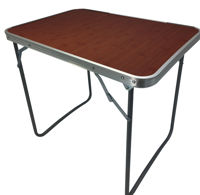 Imagen de Mesa de aluminio plegable, tapa símil madera color oscuro, con asa, en caja