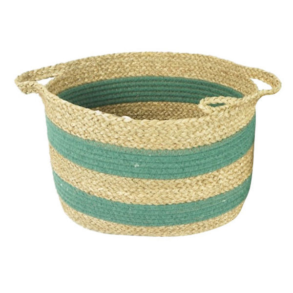 Imagen de Cesto canasto franjas verdes chico, de fibras naturales, junco de agua