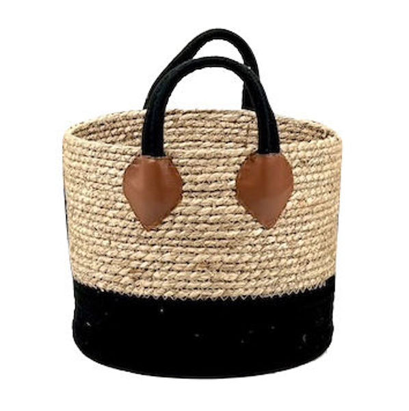 Imagen de Cesto canasto combinado de fibras naturales y piola 2 asas con cuero, mediano, junco de agua