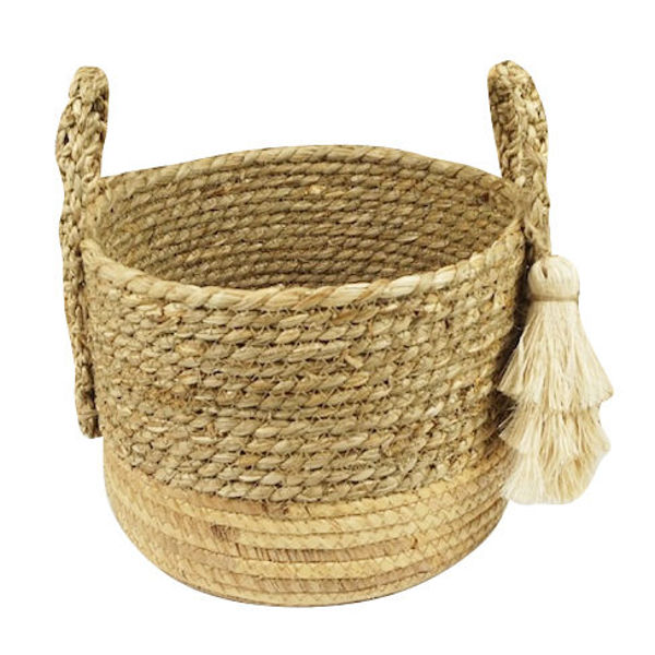 Imagen de Cesto combinado con pompón, mediano, de fibras naturales, junco de agua