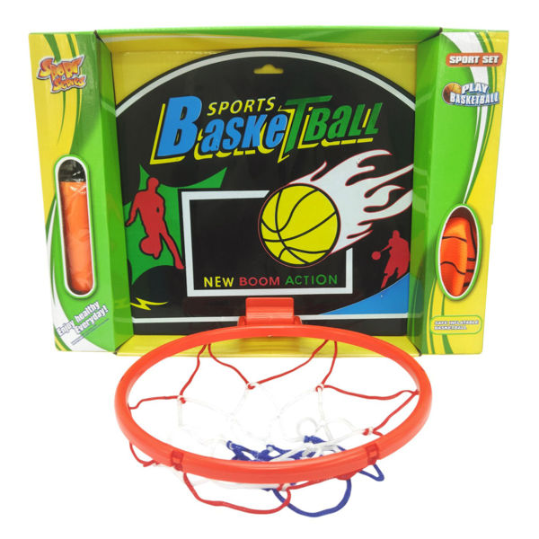 Imagen de Tablero de basket de plástico, aro 24cm de diámetro, con pelotas inflador en caja