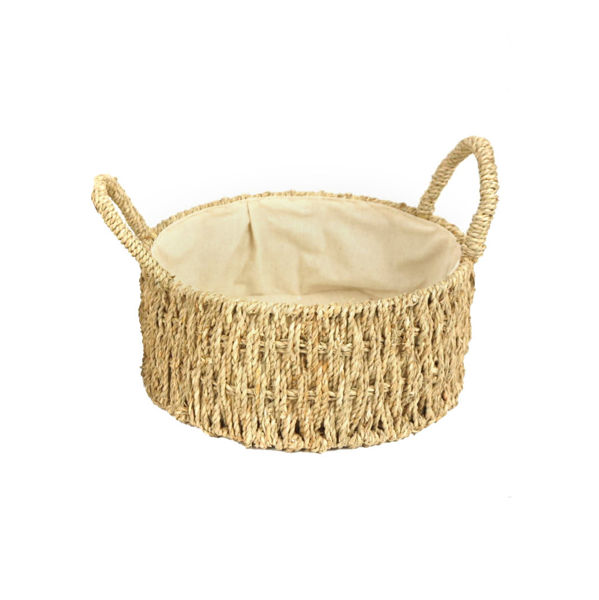 Imagen de Cesto canasto de fibras naturales forrado, junco de agua