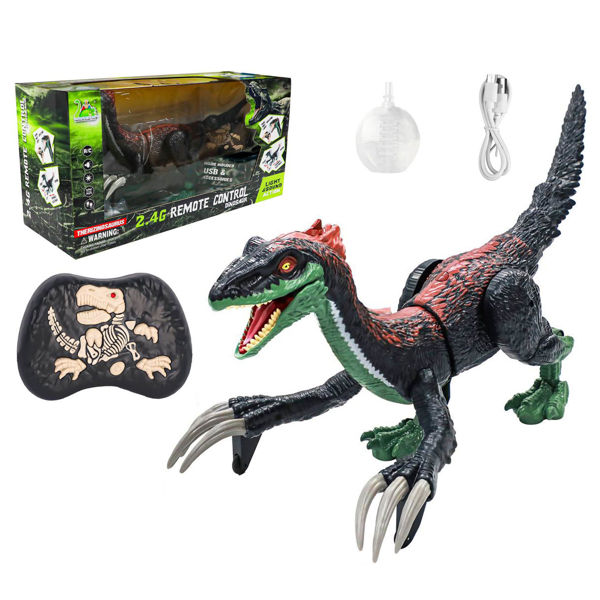 Imagen de Dinosaurio con control remoto, con rociador, sonido y movimientos, recargable y 2AA en caja
