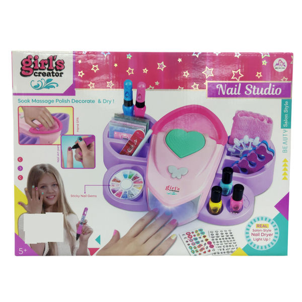 Imagen de Set de belleza para decorar uñas con lámpara, uñas, stickers, brillos esmalte y accesorios 3AA en caja