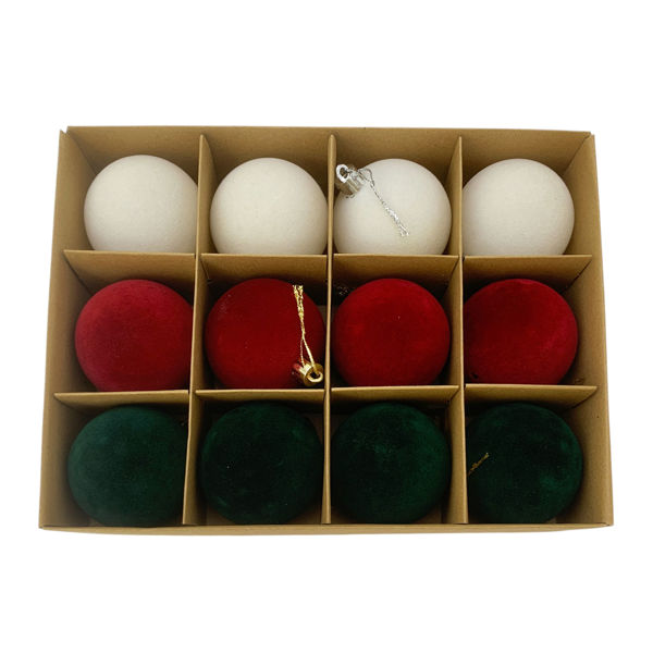 Imagen de Bolas navideñas x12 6cm, textura símil terciopelo 3colores, en caja