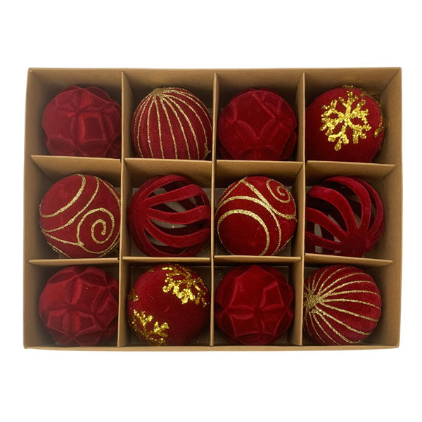 Imagen de Bolas navideñas x12 6cm, textura símil terciopelo ROJO, en caja