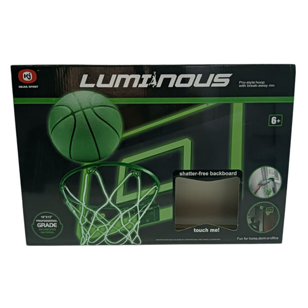 Imagen de Tablero de basket para pared, o sobre puerta, marco luminoso, brilla en la oscuridad, con pelota e inflador, en caja