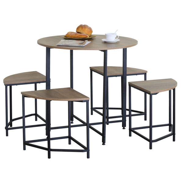 Imagen de Mesa redonda de hierro y MDF con 4 bancos, MARRON, en caja Berlina Home