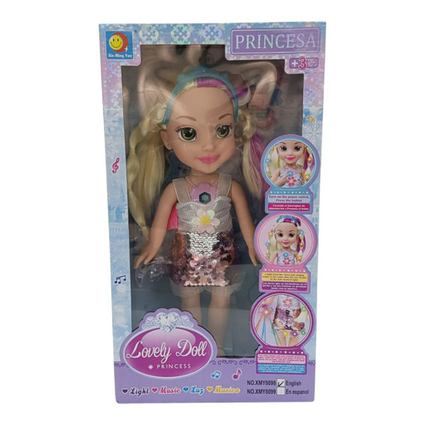 Imagen de Muñeca cuerpo de plástico cara de goma, accesorios para el pelo, con luz, 3AA, en caja