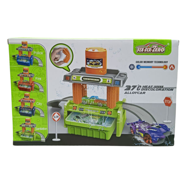 Imagen de Pista lavadero de autos, 24 piezas, circula agua, con auto que cambia de color según la temperatura, en caja