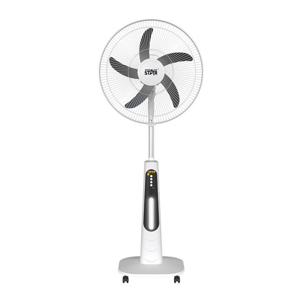 Imagen de Ventilador WINNING STAR 18", inalámbrico con control remoto, luz led, puerto USB para carga externa, corriente alterna y recargable, 4 velocidades, 5 aspas de plástico, 35W, bartería 12v, con ruedas, en caja