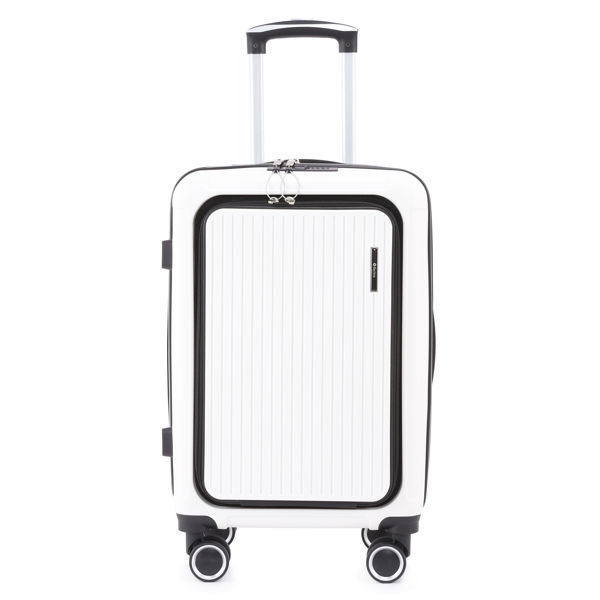 Imagen de Valija Berlina chica BLANCO, rígida, carry on, con bolsillo exterior para laptop, ruedas omnidireccionales 360, manija telescópica, tranca numérica, correa para ajustar ropa, bolsillo interior con cierre