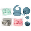 Imagen de Babero con receptor de alimentos, bowl, cubiertos, vaso con tapa y plato de silicona, 6 piezas, en caja, varios colores