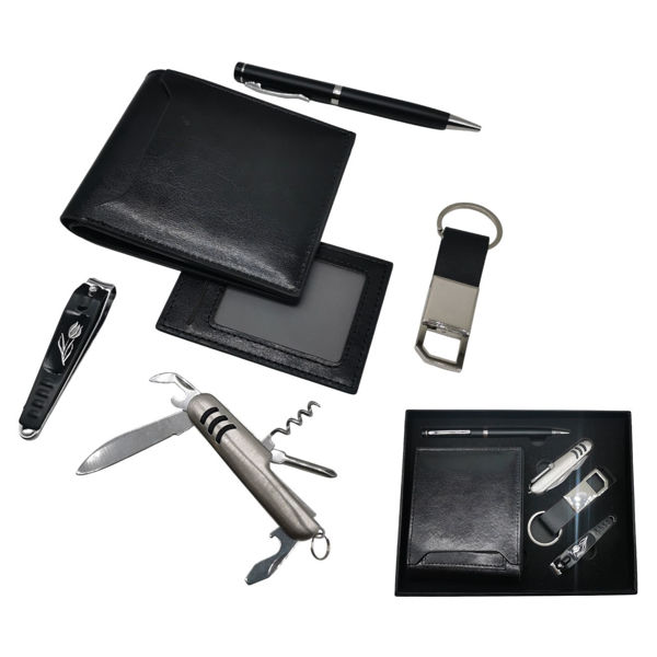 Imagen de Billetera de caballero de PU, con alicate, llavero, lapicera y navaja, en caja
