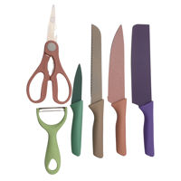 Imagen de Pelapapas, tijera y 4 cuchillos chef, de acero inoxidable con recubrimiento antiaherente de fibra de trigo,  en caja